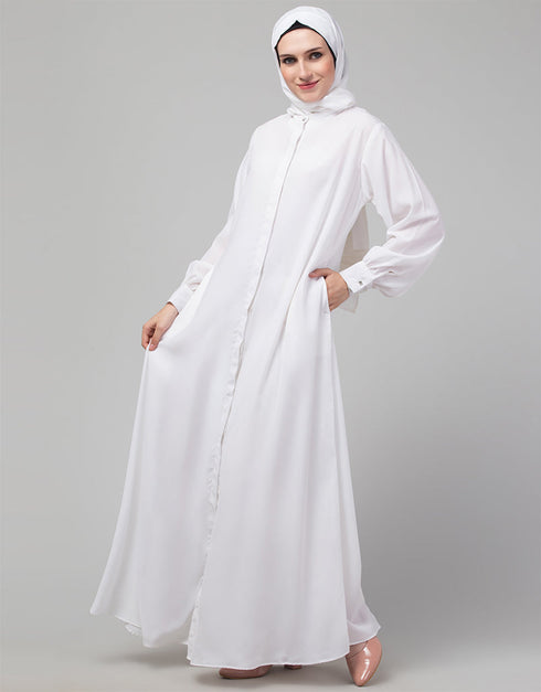 Chic White Hidden Placket front open casual Abaya Front View
